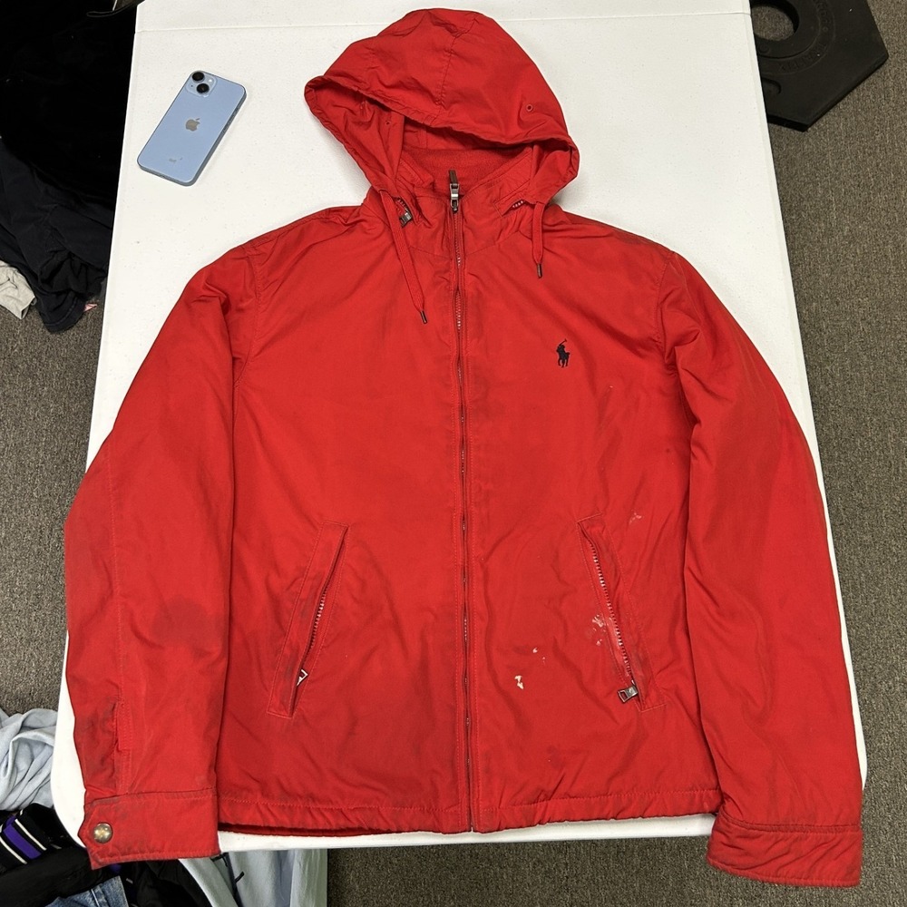 Polo Ralph Lauren Hooded Windbreaker Jacket Mens Medium Red Fleece Lined D3